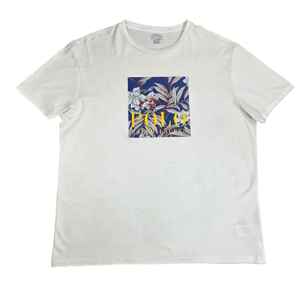 Polo Ralph Lauren Mens Large Classic Fit White Floral Print T Shirt Short Sleeve